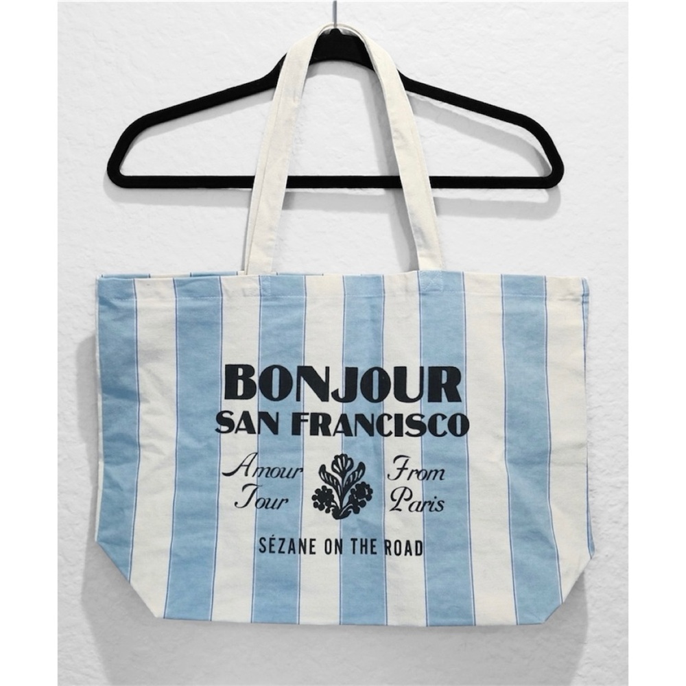 Sezane Bonjour San Francisco Amour Tour Striped Canvas Tote Bag Blue Beige Paris